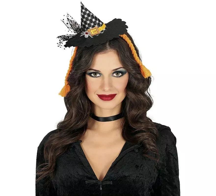 Translation missing: es.Diadema de Mini Sombrero Bruja con trenzas naranjas