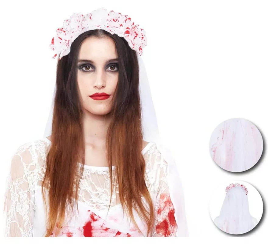 Translation missing: es.Diadema de Novia muestra con velo y sangre falsa de 90 cm