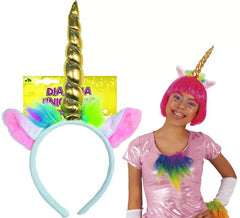 Diadema de Unicornio multicolor con Cuerno dorado infantil