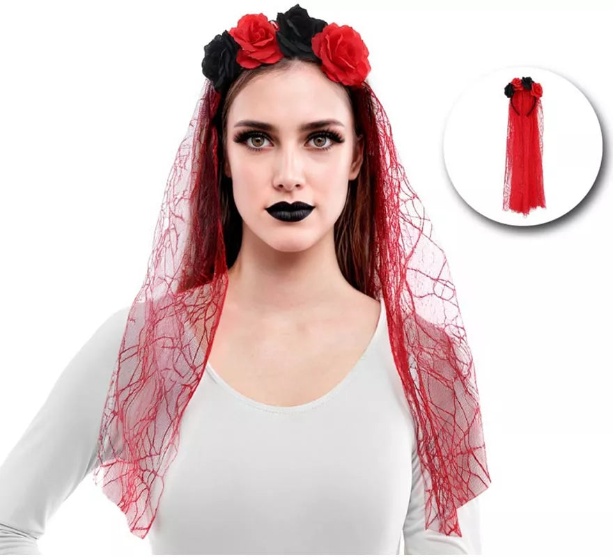 Diadema Flores con Velo rojo