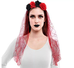 Diadema Flores con Velo rojo