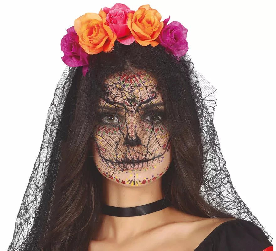 Translation missing: es.Diadema Flores Lila y Naranja con Velo
