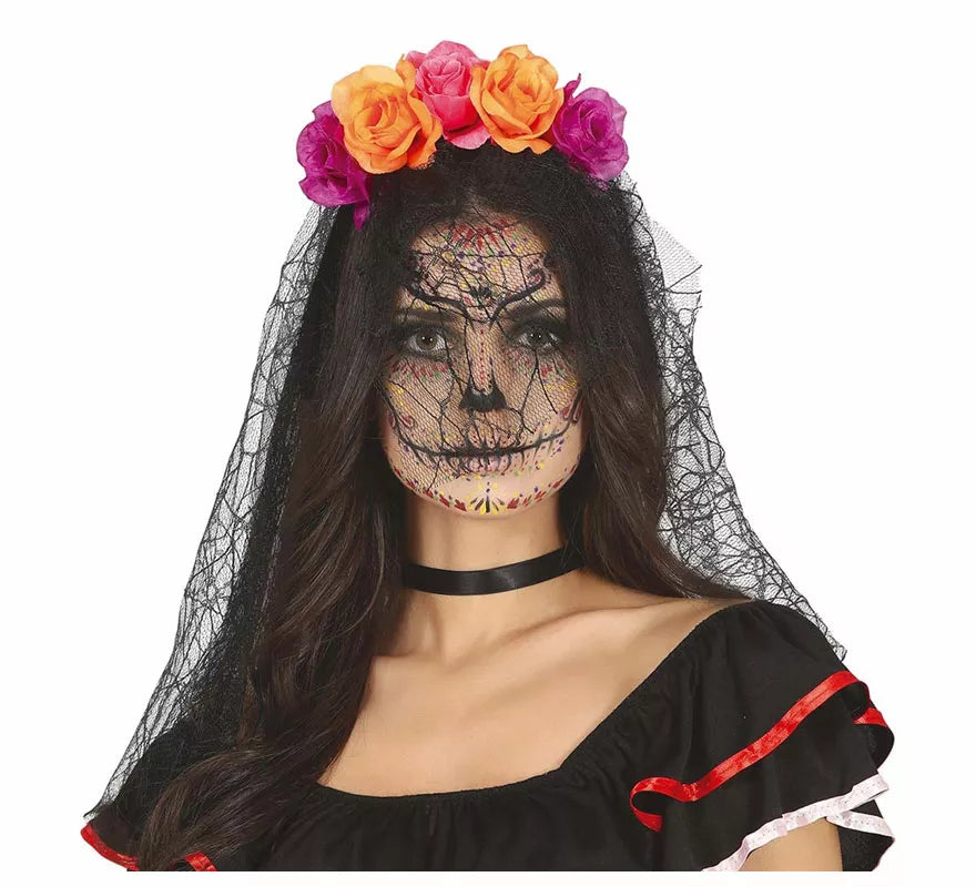 Translation missing: es.Diadema Flores Lila y Naranja con Velo