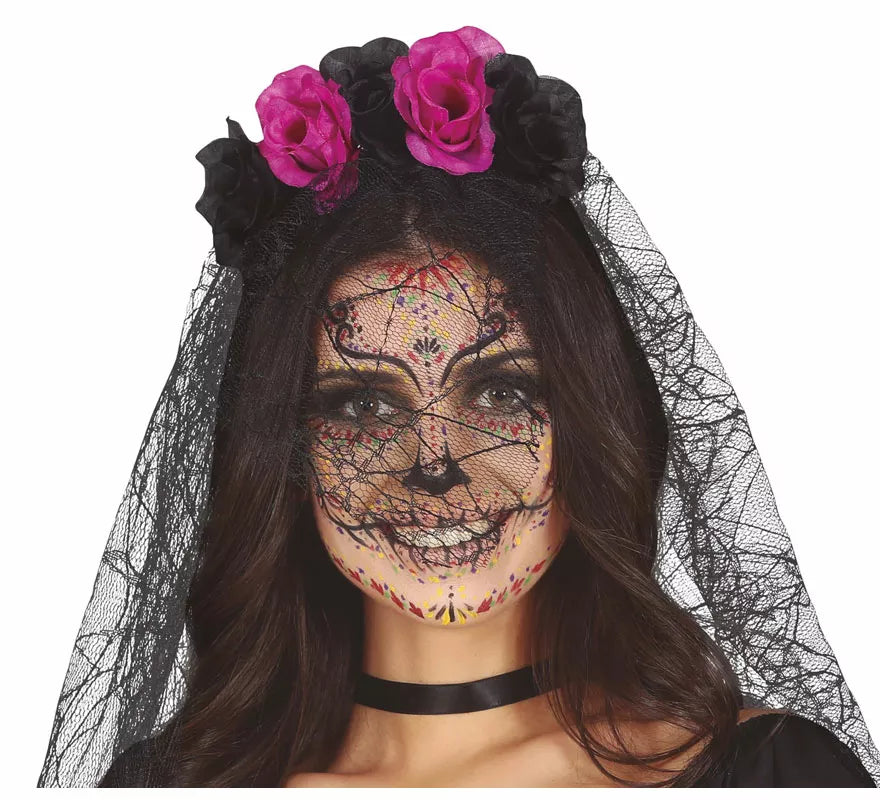 Translation missing: es.Diadema Flores Lila y Negras con Velo