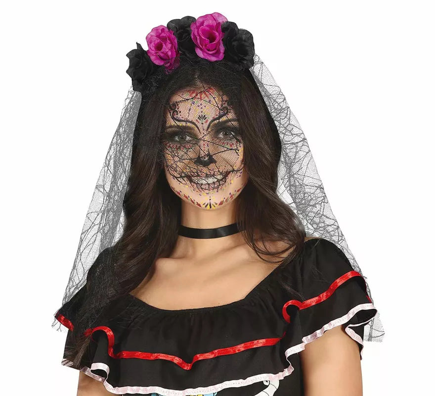 Translation missing: es.Diadema Flores Lila y Negras con Velo
