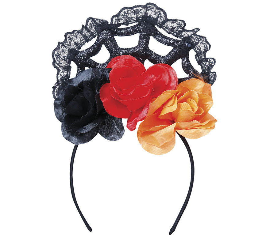 Diadema Flores Naranja y Rojas