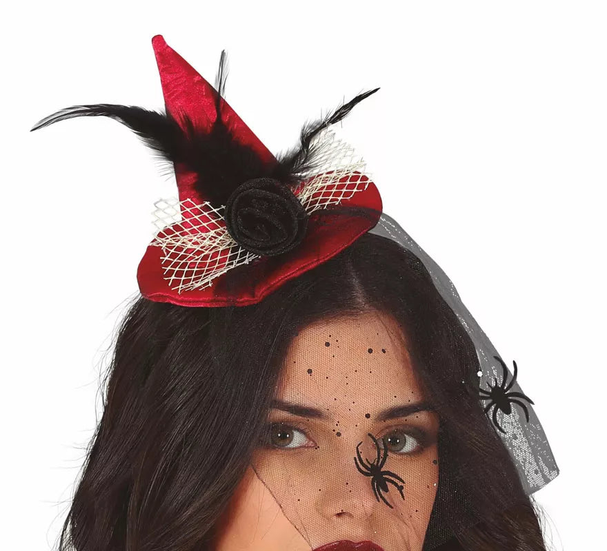 Translation missing: es.Diadema Mini sombrero de Bruja Rojo con Velo