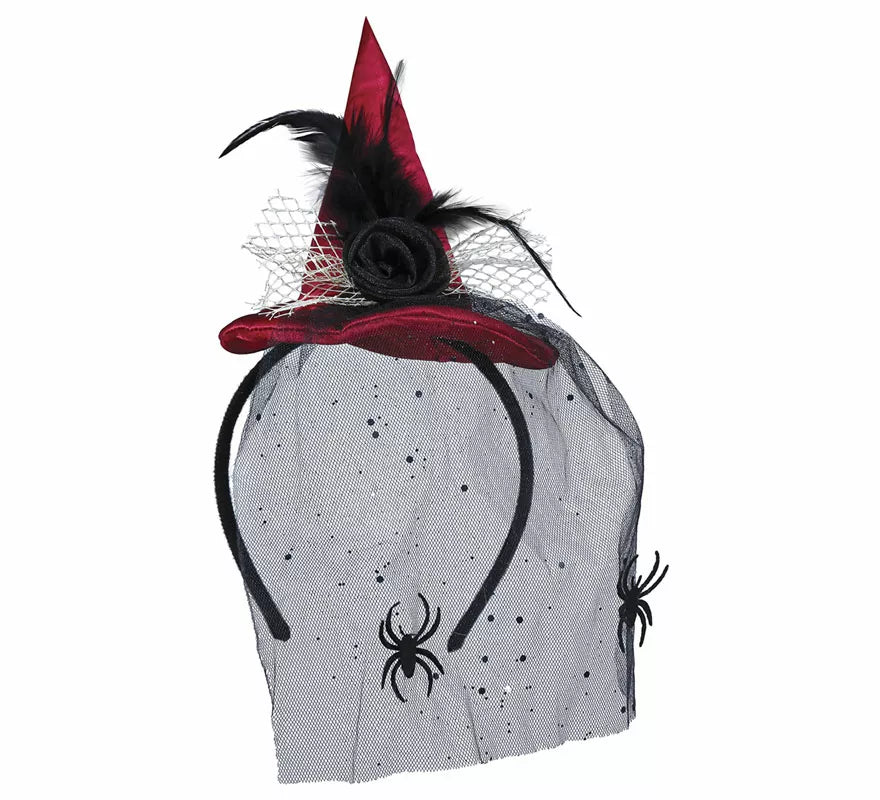 Translation missing: es.Diadema Mini sombrero de Bruja Rojo con Velo