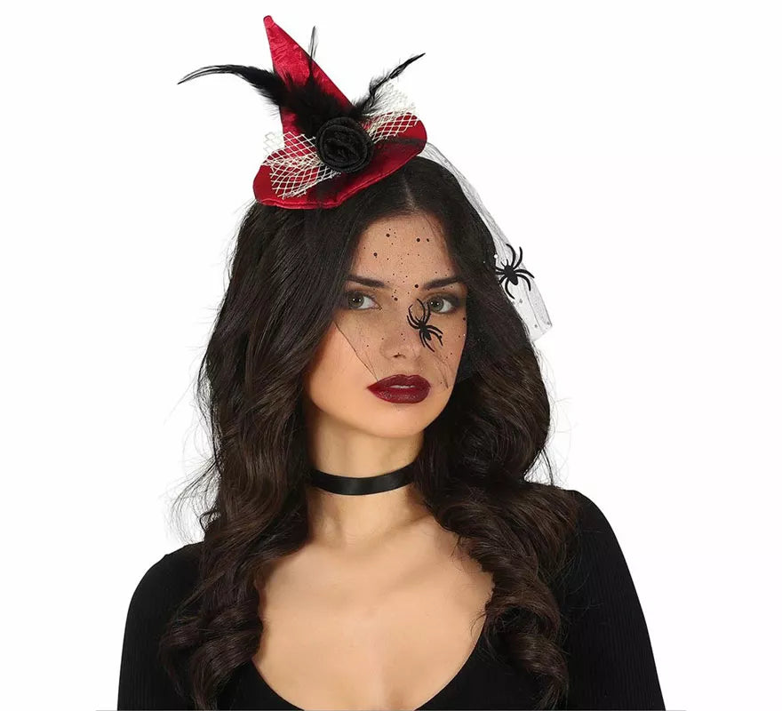 Translation missing: es.Diadema Mini sombrero de Bruja Rojo con Velo