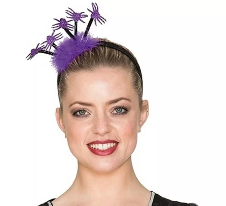 Translation missing: es.Diadema morada con plumas y arañas 23 cm