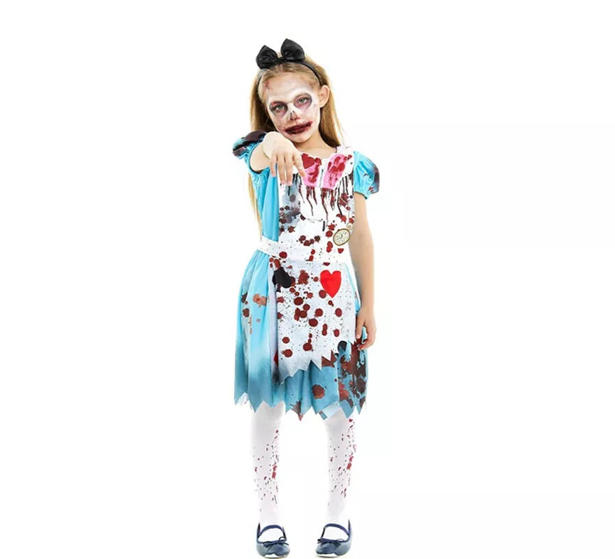 Translation missing: es.Disfraz de Alicia Zombie vestido azul clásico para niña y adolescente
