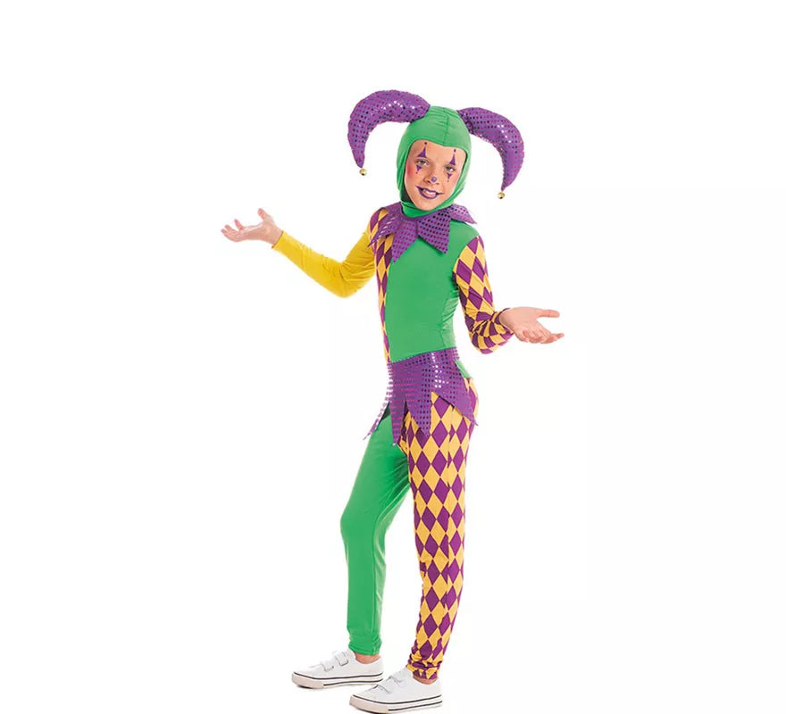 Translation missing: es.Disfraz de Arlequín púrpura y verde a cuadros para niño