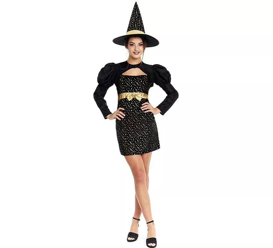 Translation missing: es.Disfraz de Bruja Elegante negro y dorado con lazo para mujer