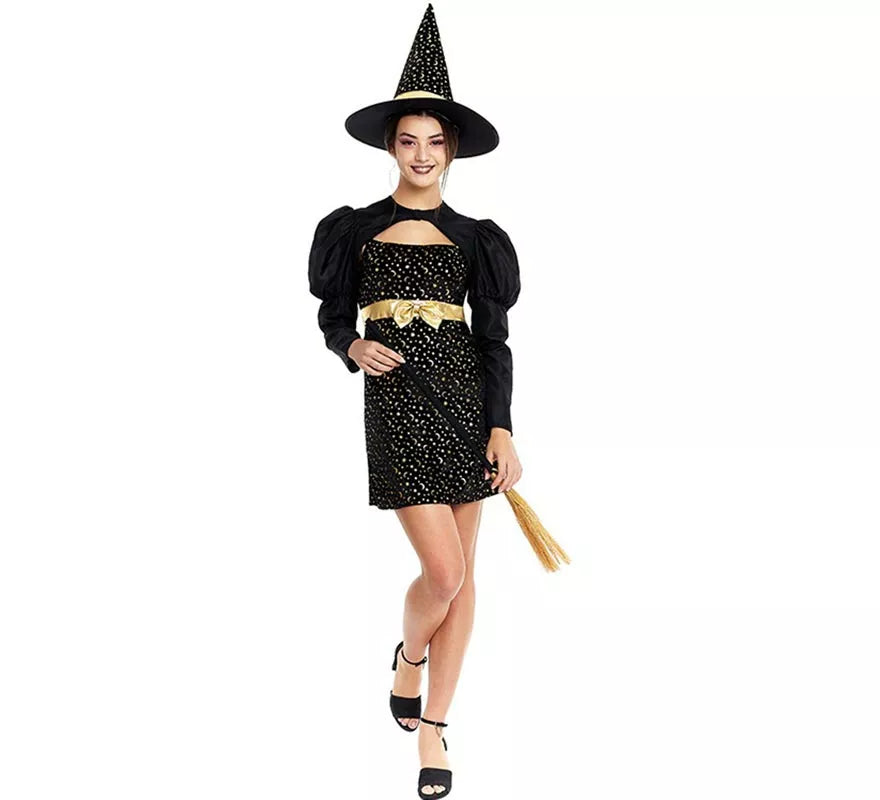 Disfraz de Bruja Elegante negro y dorado con lazo para mujer