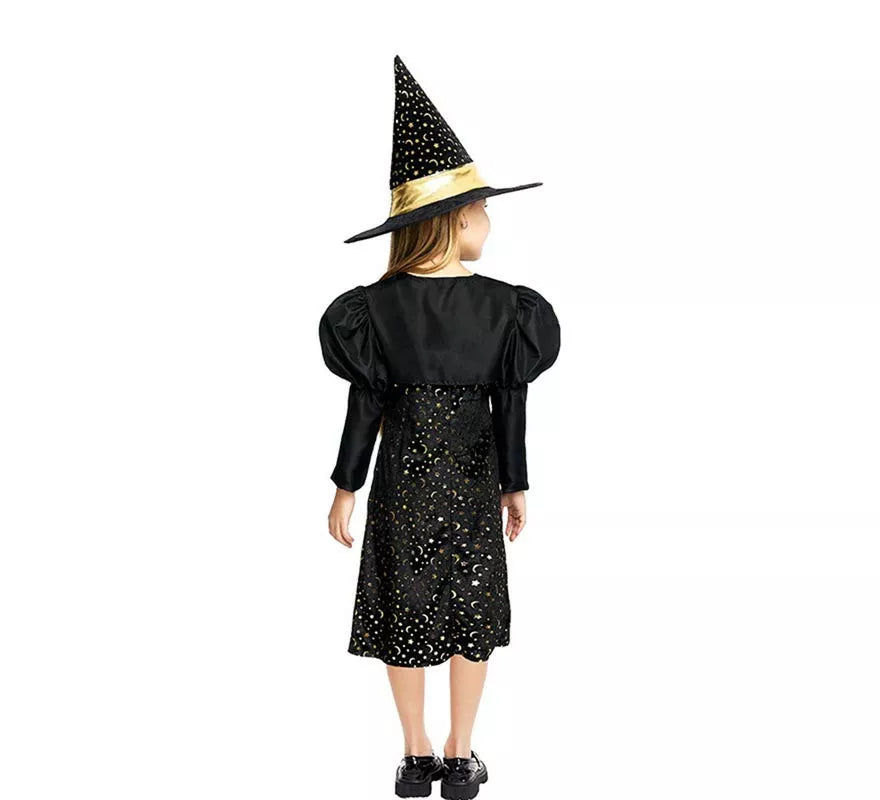 Translation missing: es.Disfraz de Bruja Elegante negro y dorado con lazo para niña