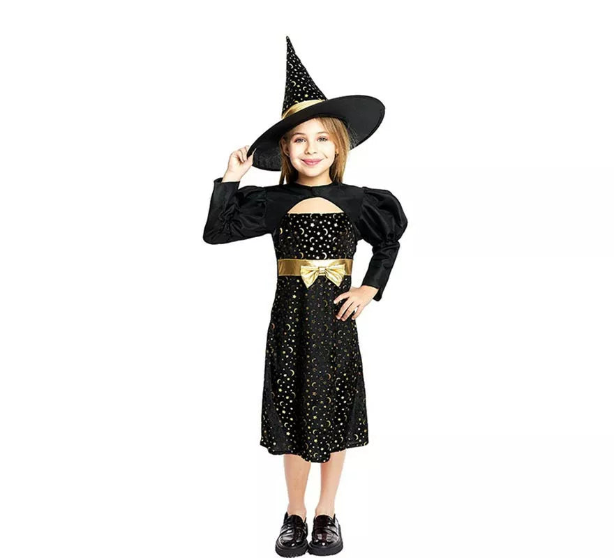 Translation missing: es.Disfraz de Bruja Elegante negro y dorado con lazo para niña