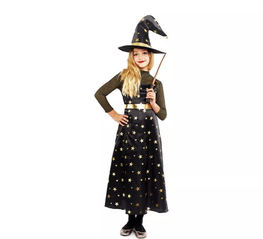 Translation missing: es.Disfraz de Bruja Estrellas dorada con sombrero para niña