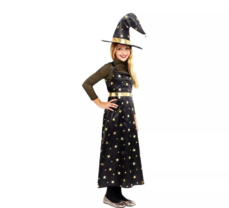 Translation missing: es.Disfraz de Bruja Estrellas dorada con sombrero para niña
