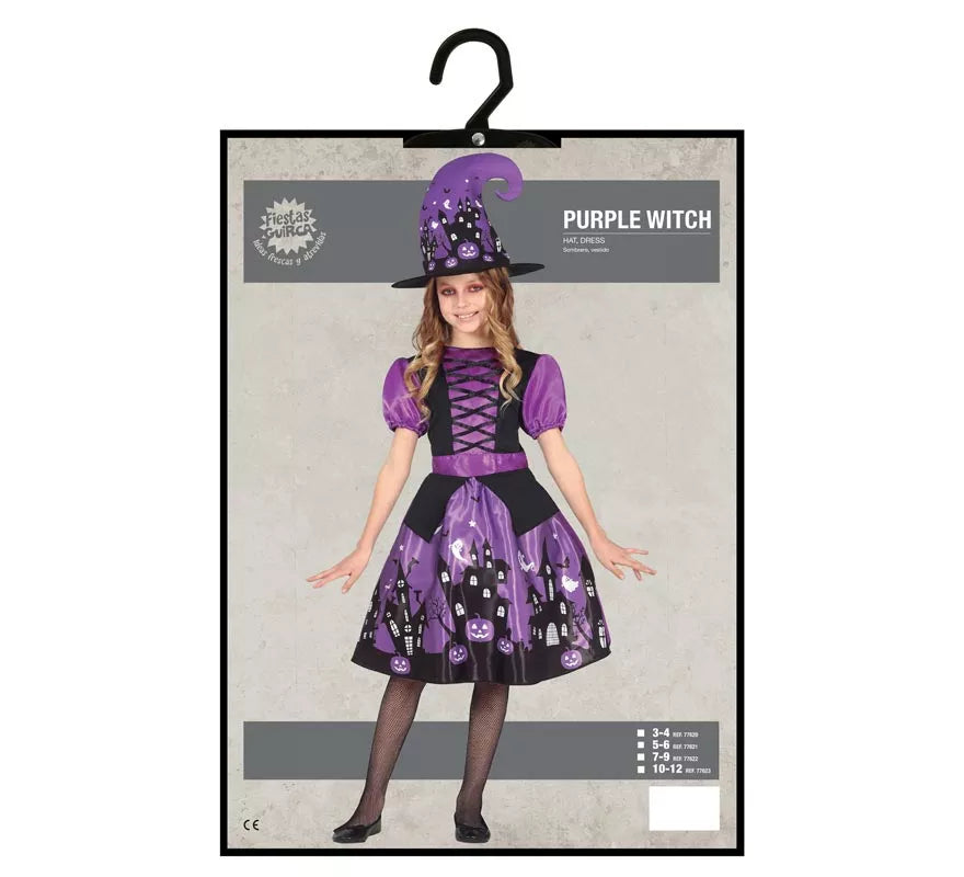 Translation missing: es.Disfraz de Bruja Morada con vestido estampado para niña
