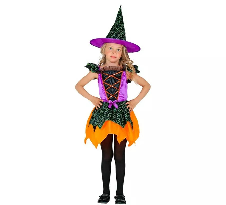 Disfraz de Bruja naranja y lila para niña
