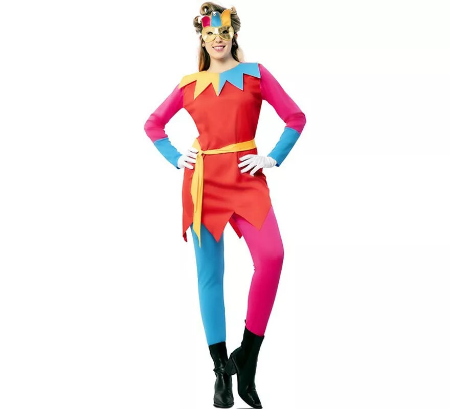 Translation missing: es.Disfraz de Bufona multicolor con antifaz para mujer