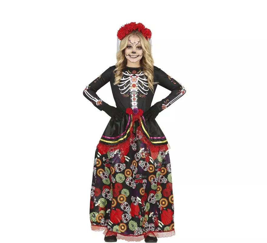 Translation missing: es.Disfraz de Catrina con falda larga estampada para niña