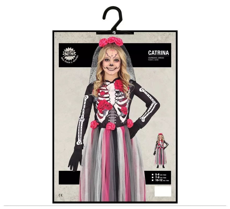 Disfraz de Catrina con Falda Rosas en Tul para niña