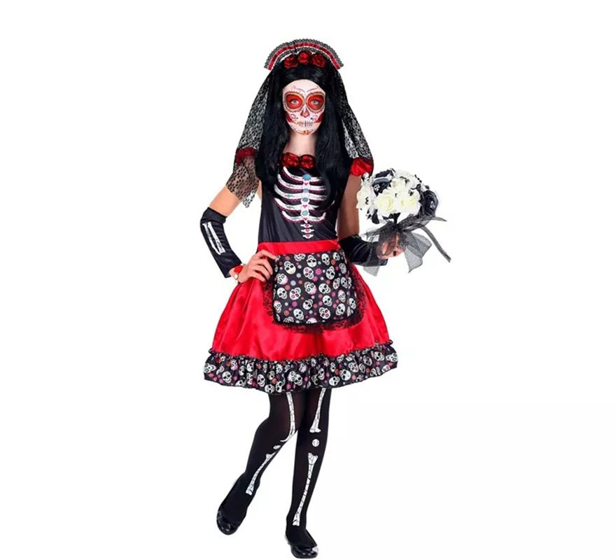 Translation missing: es.Disfraz de Catrina Día de Los Muertos con Velo para niña