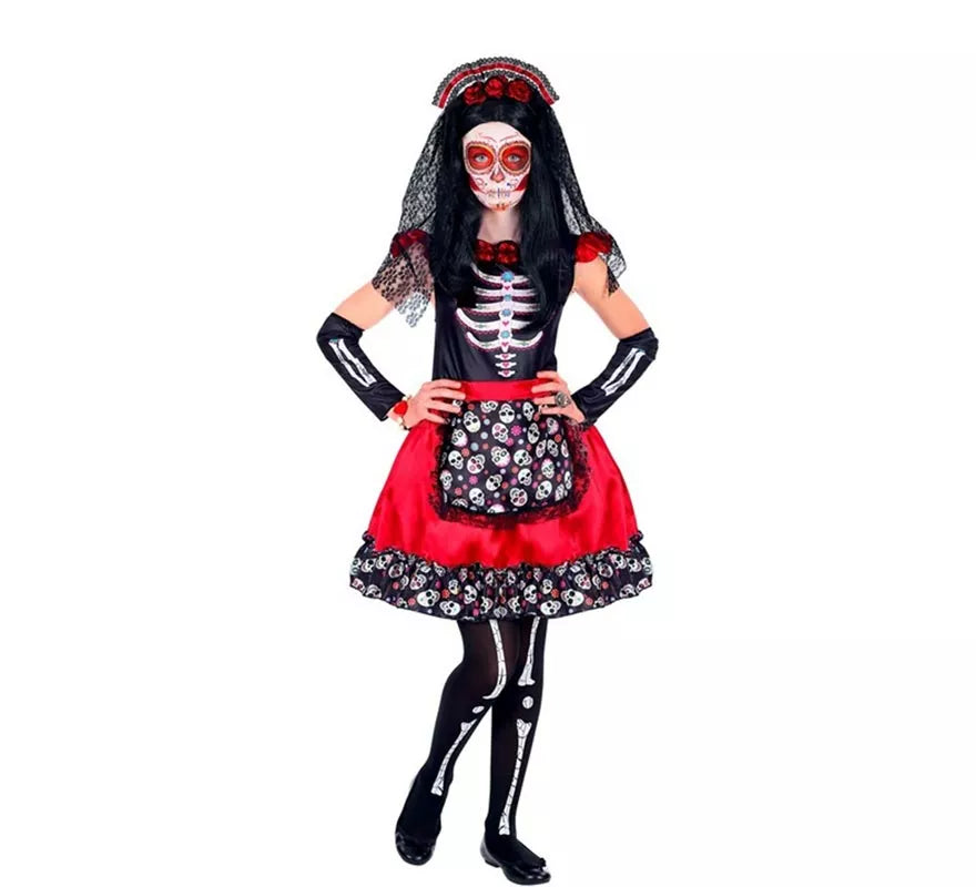 Translation missing: es.Disfraz de Catrina Día de Los Muertos con Velo para niña