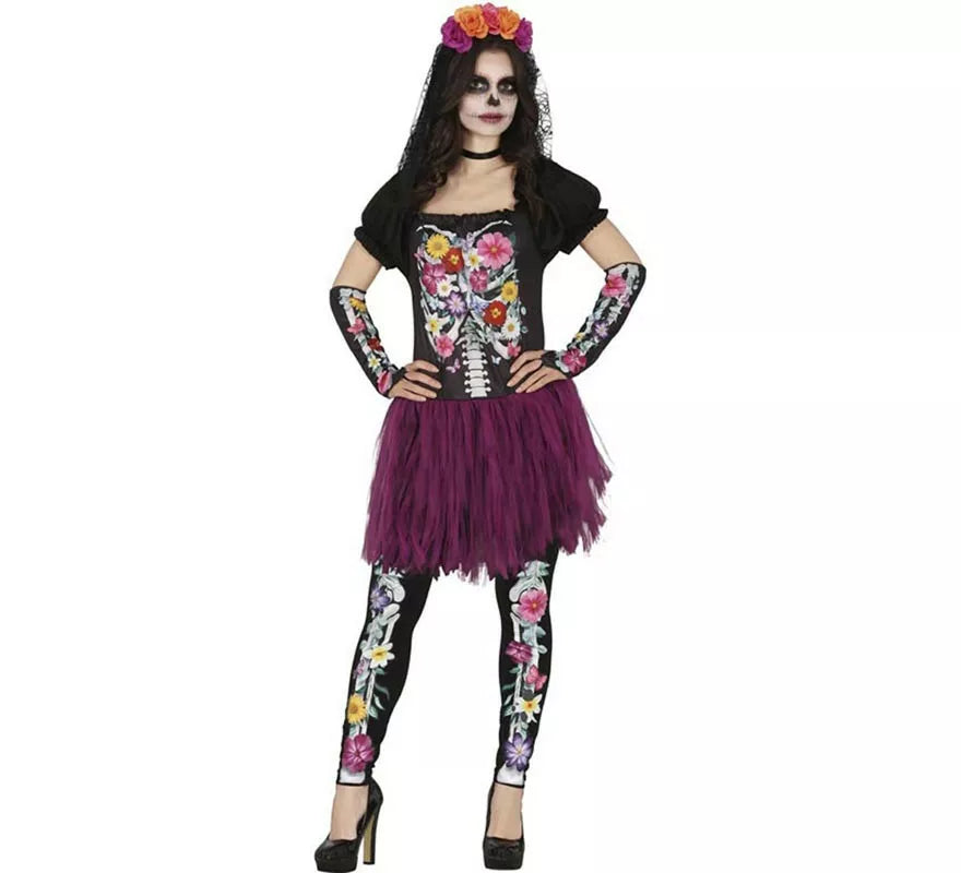 Translation missing: es.Disfraz de Catrina Floreada púrpura para mujer