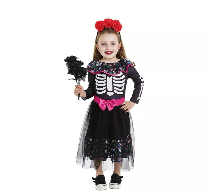 Translation missing: es.Disfraz de Catrina rosa con cinturón para bebé y niña