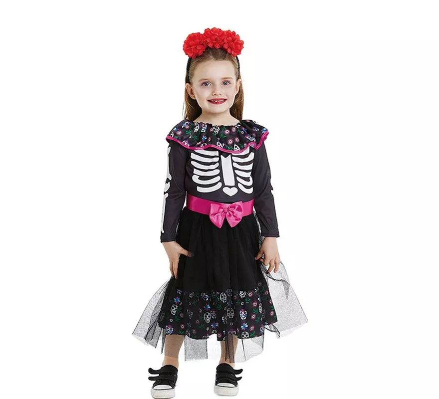 Translation missing: es.Disfraz de Catrina rosa con cinturón para bebé y niña