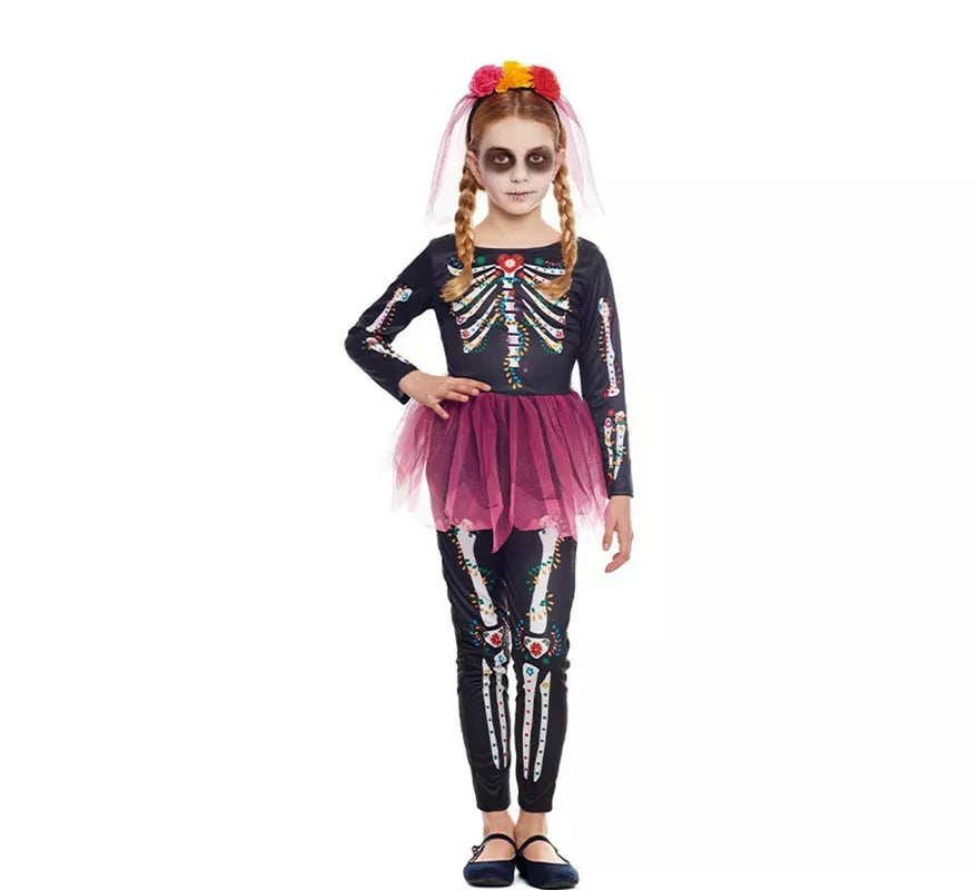 Translation missing: es.Disfraz de Catrina rosa con diadema y velo para niña