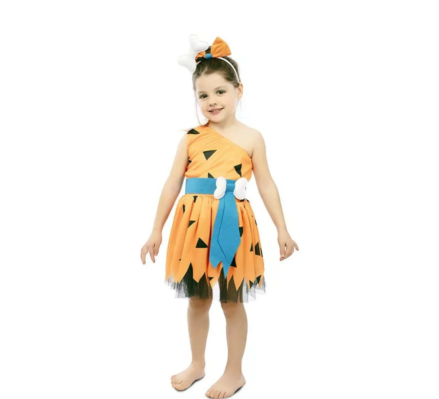 Translation missing: es.Disfraz de Cavernícola naranja con tocado para niña