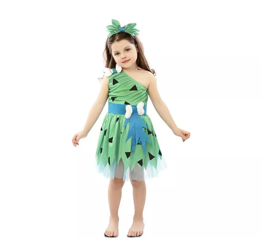Translation missing: es.Disfraz de Cavernícola verde con tocado para niña