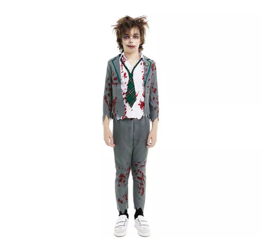 Disfraz de Colegial Zombie gris con chaqueta para niño