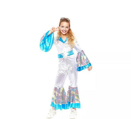 Disfraz de Disco Girl Plateado y Azul mono para niños