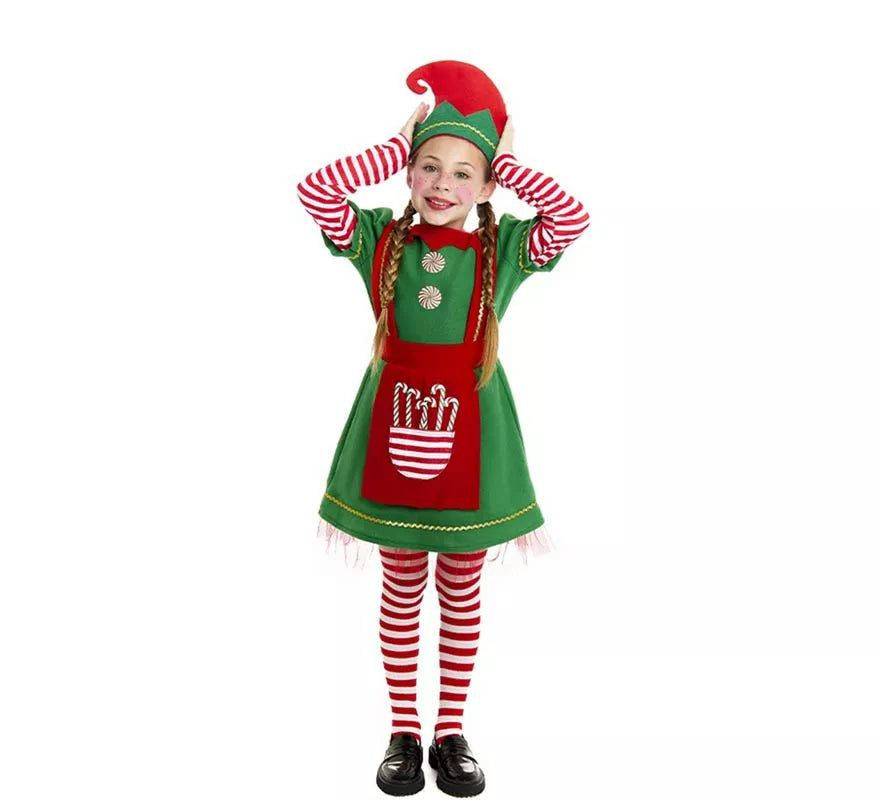 Translation missing: es.Disfraz de Elfa Polar en vestido verde y rojo para niña