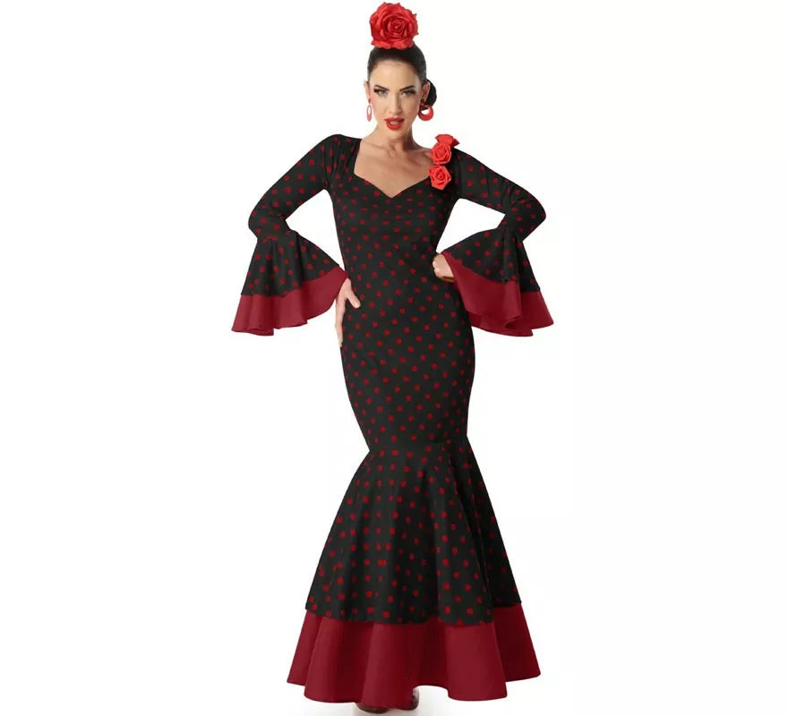 Translation missing: es.Disfraz de Flamenca negro con lunares rojos para mujer