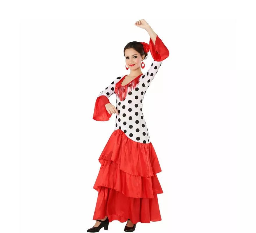 Translation missing: es.Disfraz de Flamenca o Sevillana blanco y rojo para mujer