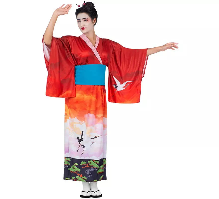 Translation missing: es.Disfraz de Geisha rojo y rosa con cinturón para mujer