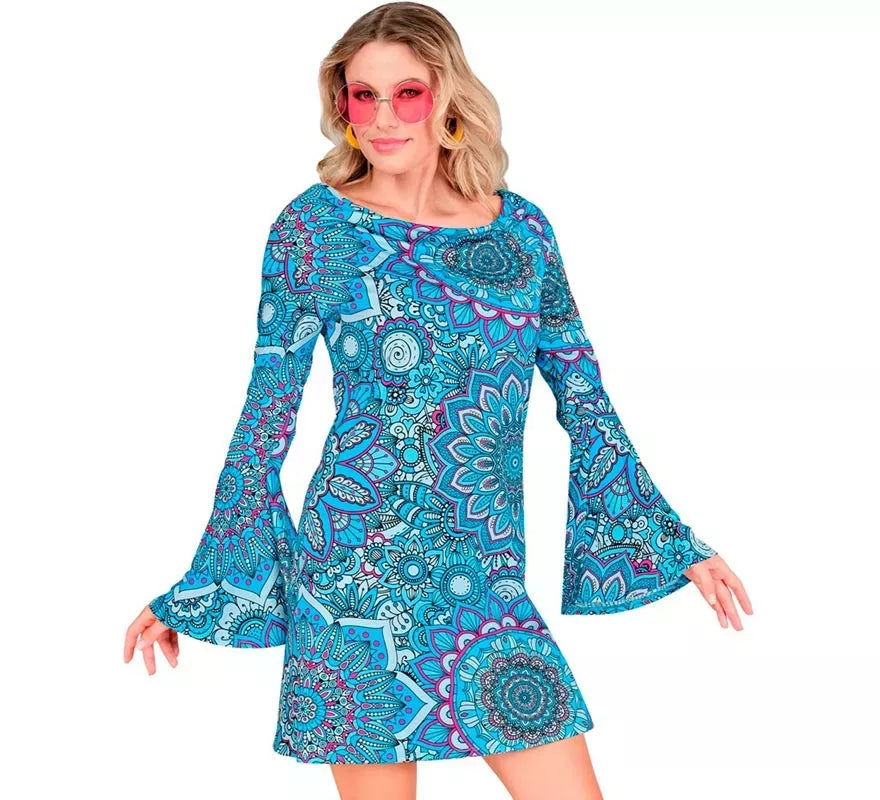 Disfraz de Hippie años 60 Mandala azul para mujer