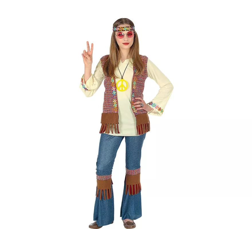Translation missing: es.Disfraz de Hippie marrón con collar para niña y adolescente