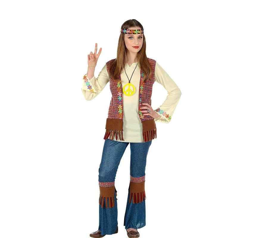 Translation missing: es.Disfraz de Hippie marrón con collar para niña y adolescente