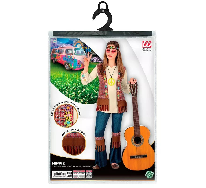 Translation missing: es.Disfraz de Hippie marrón con collar para niña y adolescente