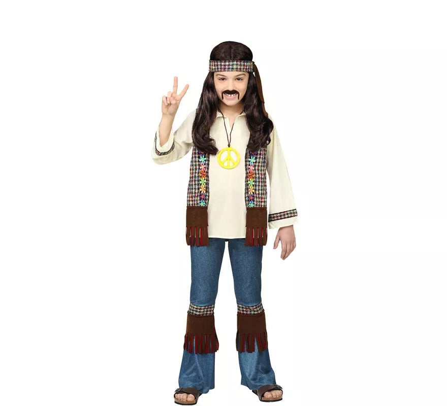 Translation missing: es.Disfraz de Hippie marrón con collar para niño y adolescente