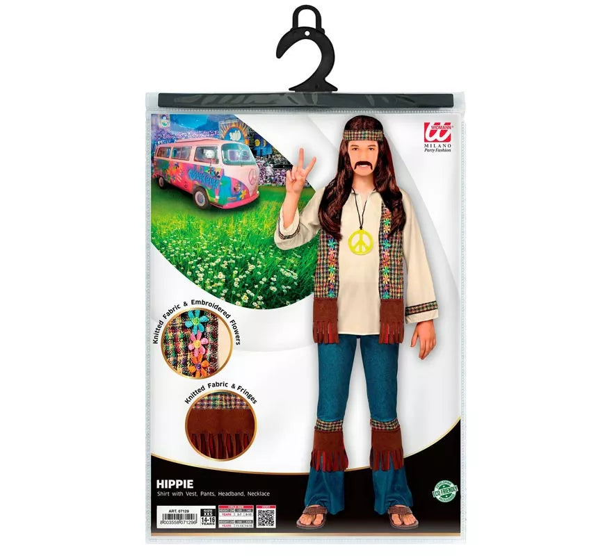 Translation missing: es.Disfraz de Hippie marrón con collar para niño y adolescente