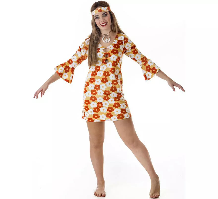 Translation missing: es.Disfraz de Hippie Vestido naranja con Flores para mujer