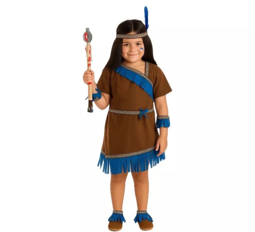 Translation missing: es.Disfraz de India Marrón con Flecos Azules para niña