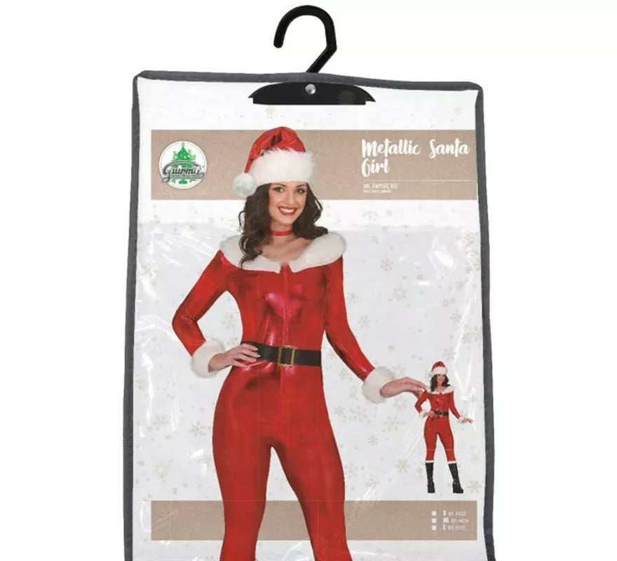 Disfraz de Mamá Noel rojo metálico con cinturón para mujer